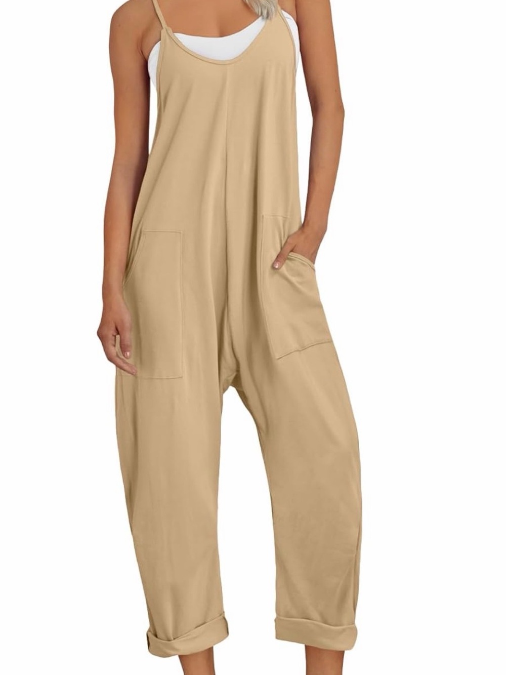 Casual Beige Spaghetti-Strap Jumpsuit with Front Pockets